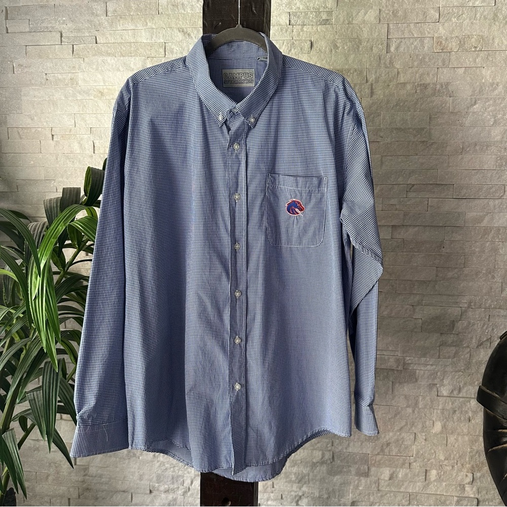 Boise State Campus Specialties Blue Plaid Check Button Down Shirt Size XL